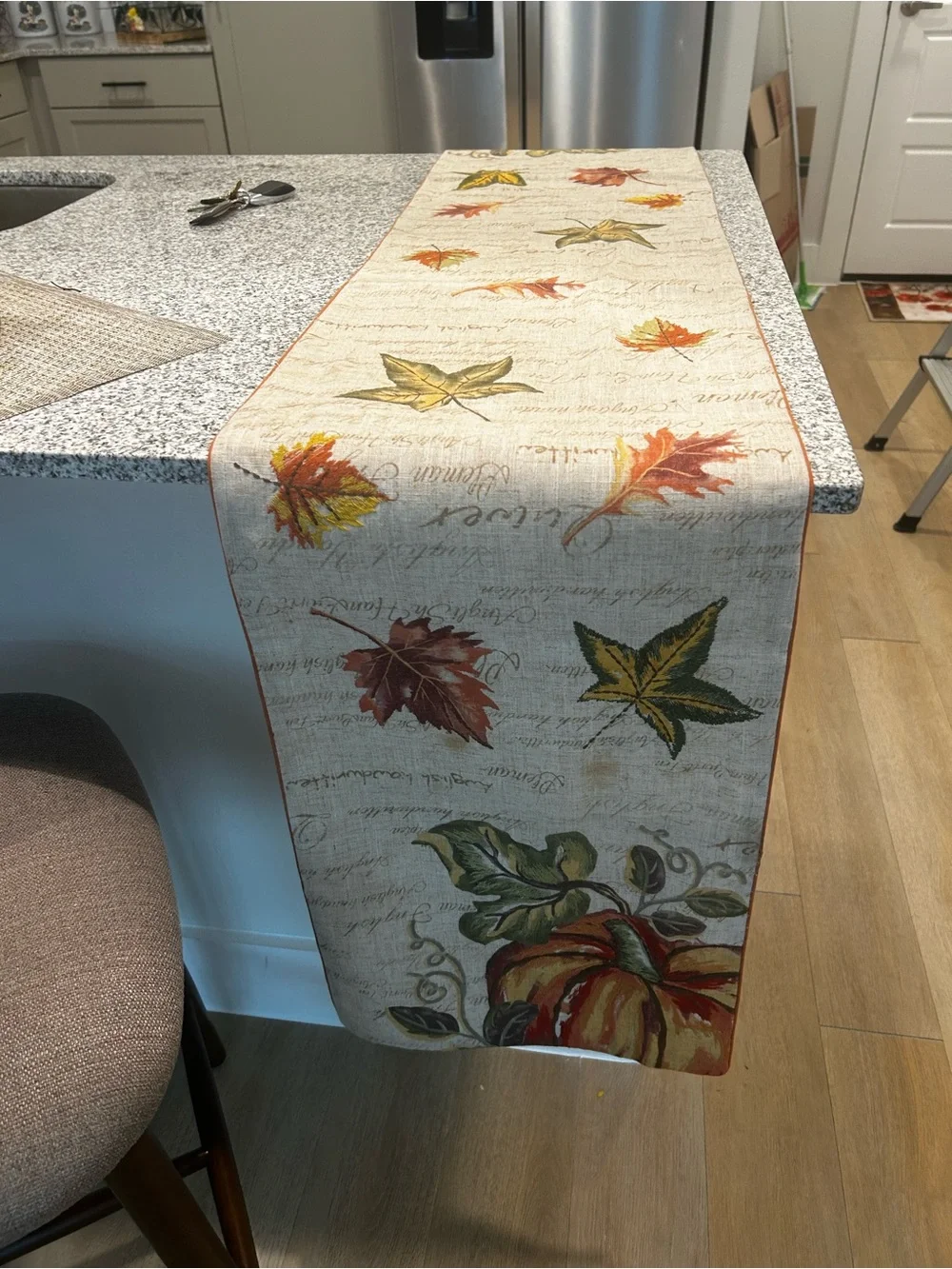 Autumn Leaf Table Runner - Neutral Beige with Orange & Green Accents